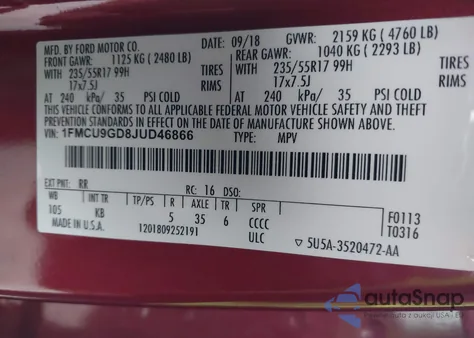 2018 Ford Escape Se z USA, uszkodzony, nr VIN 1FMCU9GD8JUD46866